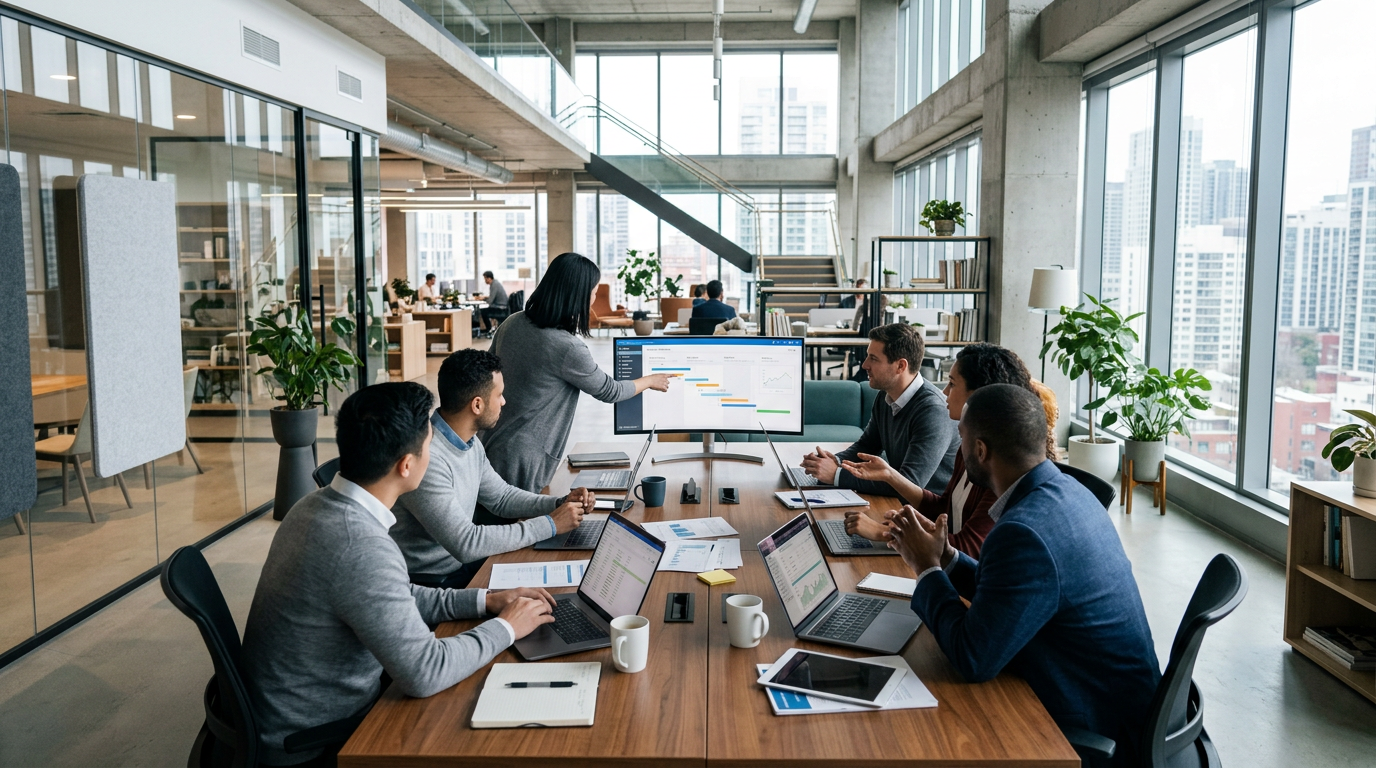 Group of six professionals seated around a conference table looking at a presentation screen with project timeline charts