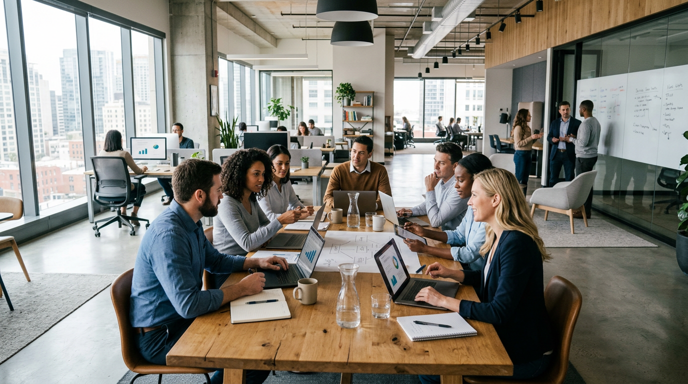 Diverse team working together at laptops around a wooden table in a modern office