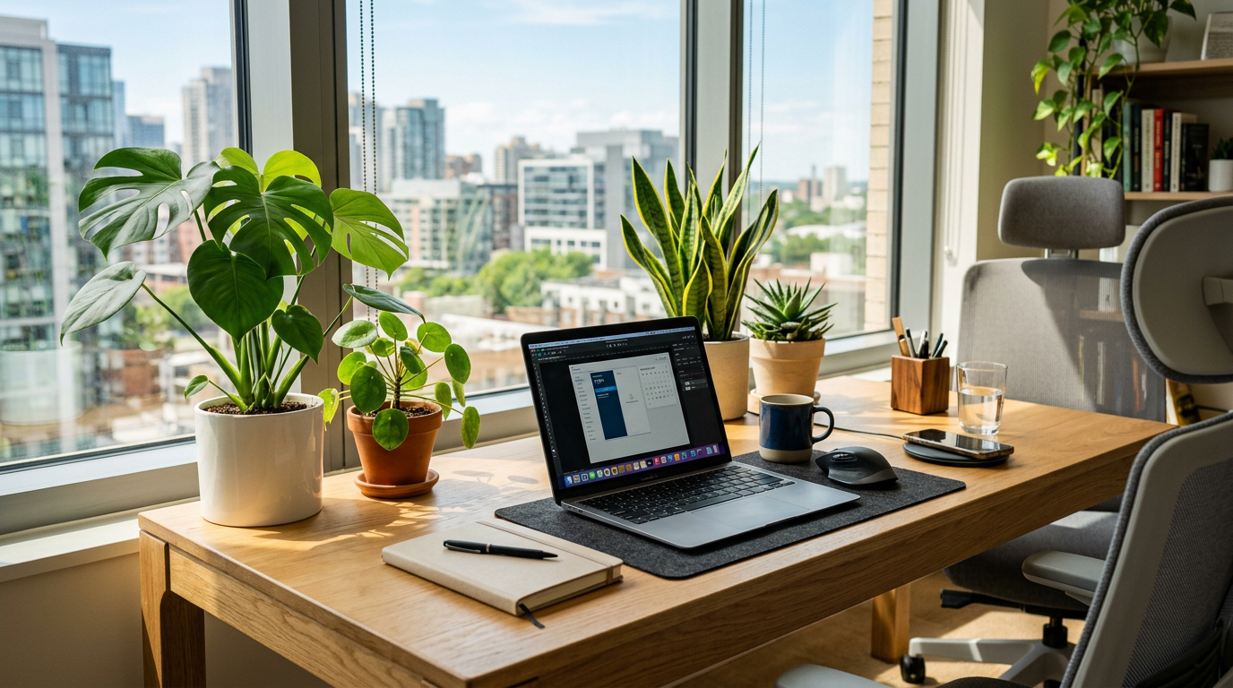 Home office setup with laptop, plants, notebook, and office chair by city view window