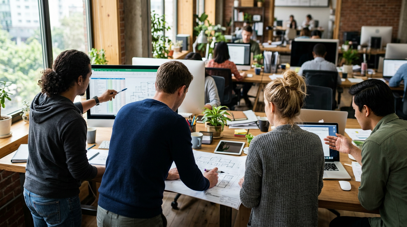 Four coworkers discussing architectural drawings and spreadsheets at a shared desk