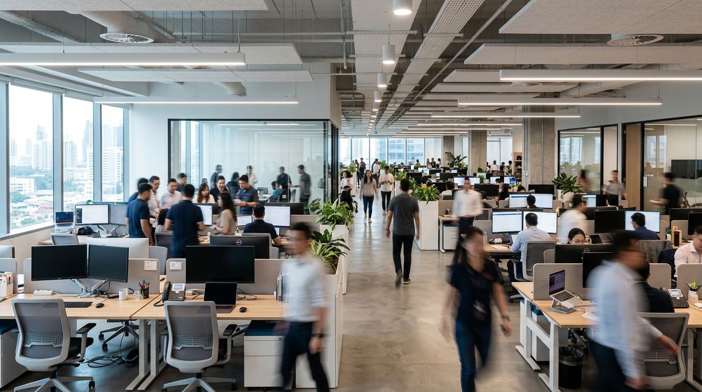 Open-plan office with employees working and walking, large windows with city view