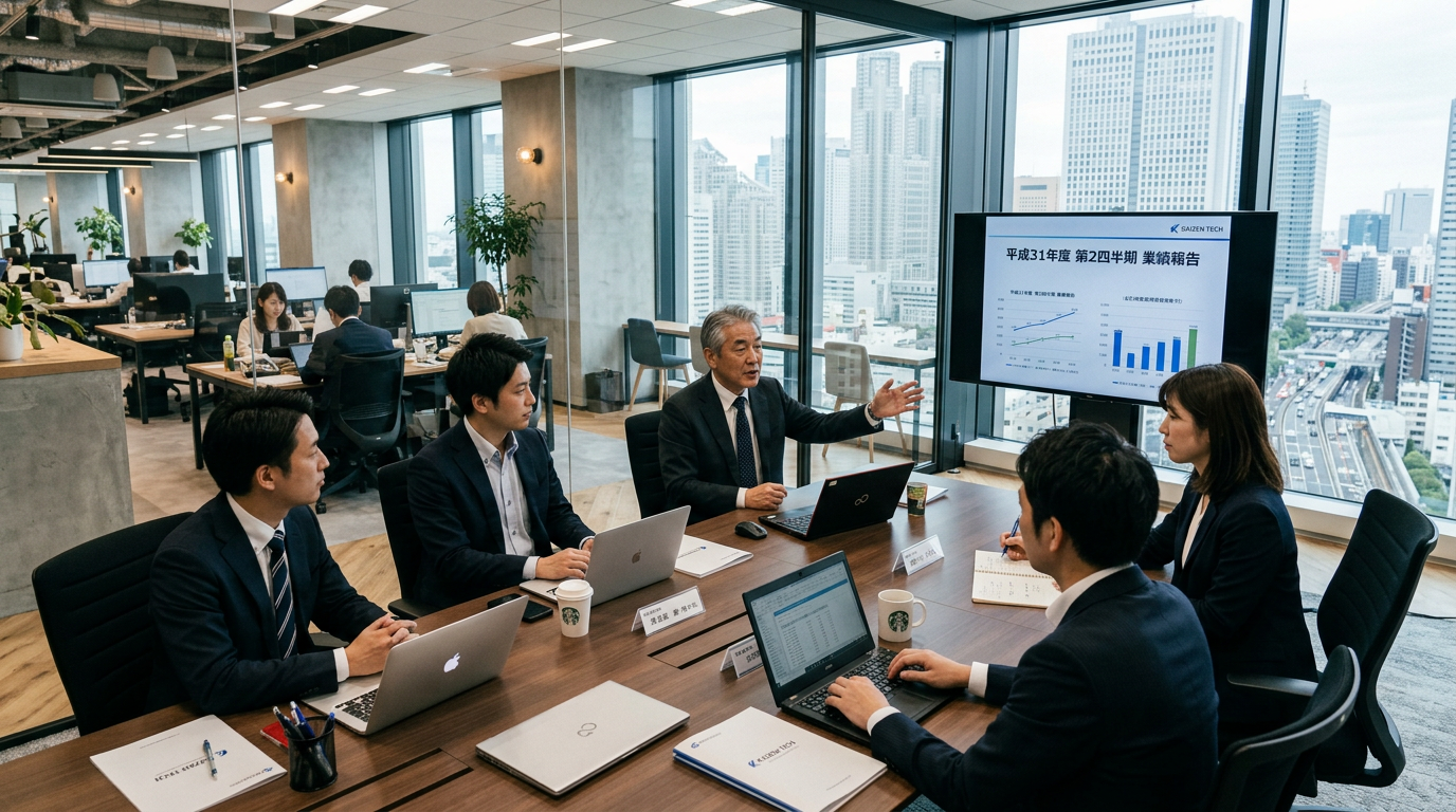 Five business people in suits around a conference table with laptops, charts displayed on a screen, and a city view
