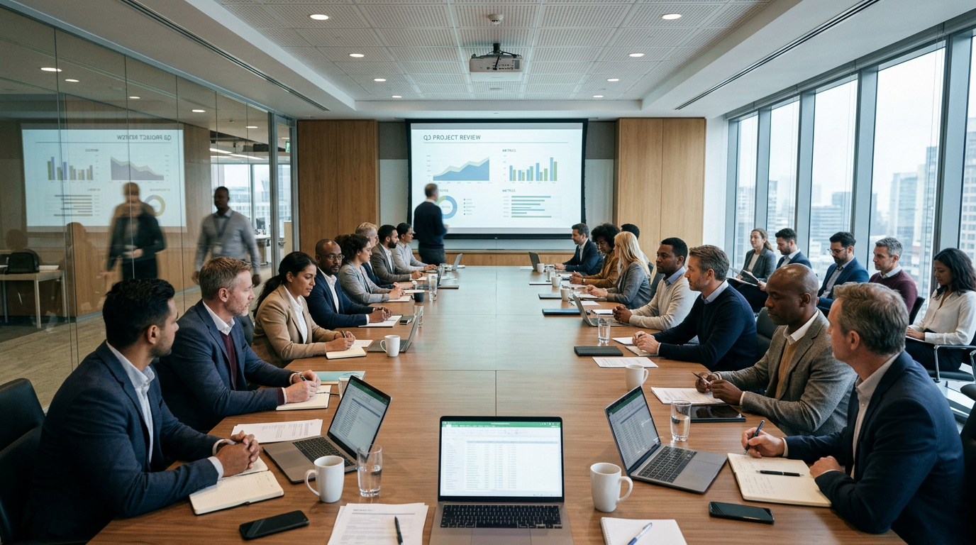Business professionals seated around a long conference table during a project review presentation