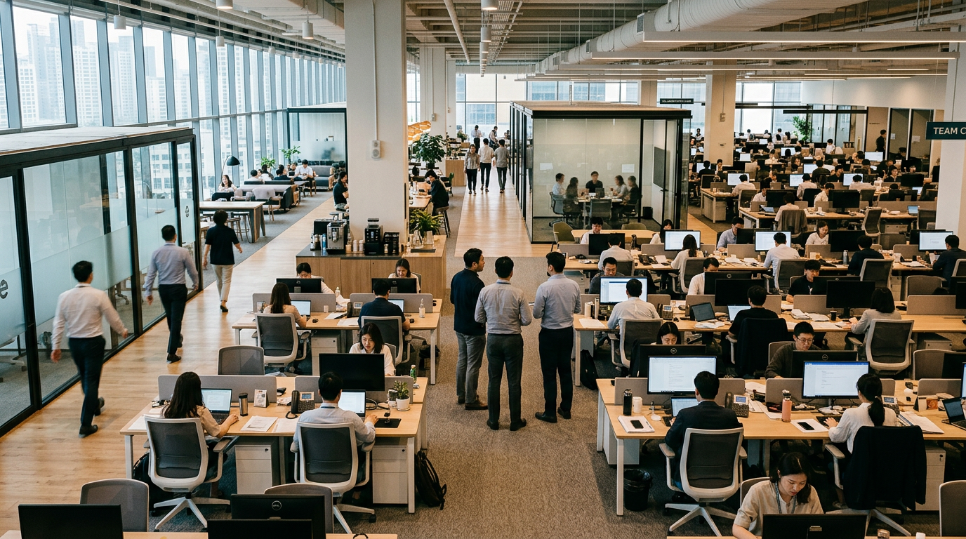 Open-plan office with employees at desks and some standing in discussion