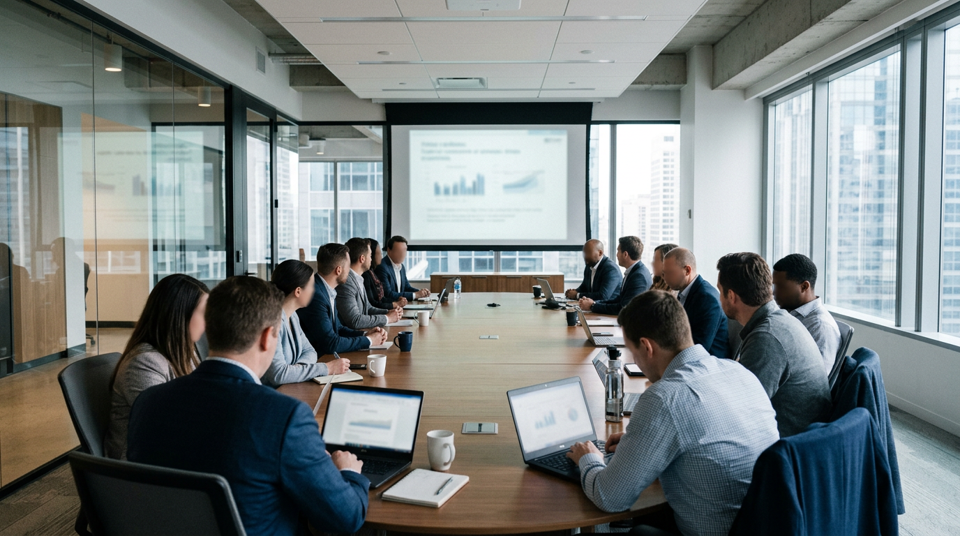 Group of business people sitting at a conference table with laptops and a presentation projected on a screen