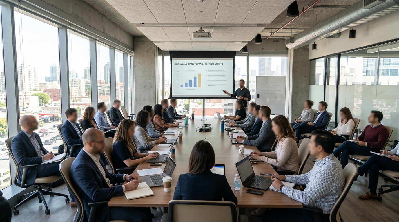 Business professionals in a meeting room attending a presentation on regional growth strategy