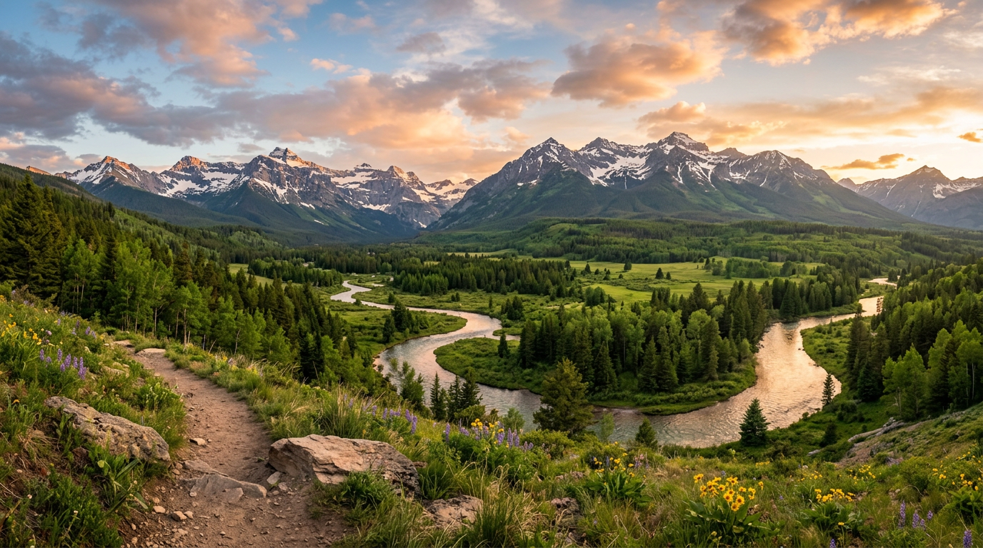 Winding river through green valley with snowy mountains in background at sunset