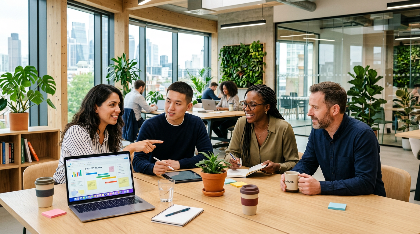 Four colleagues discussing project details around a table with laptop showing charts