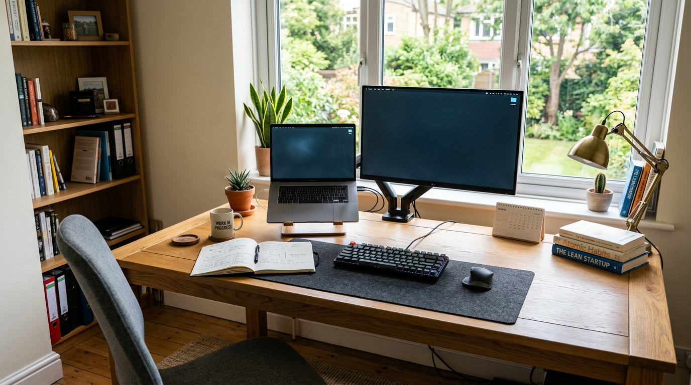 Home office desk with laptop, external monitor, keyboard, mouse, notebook, and books