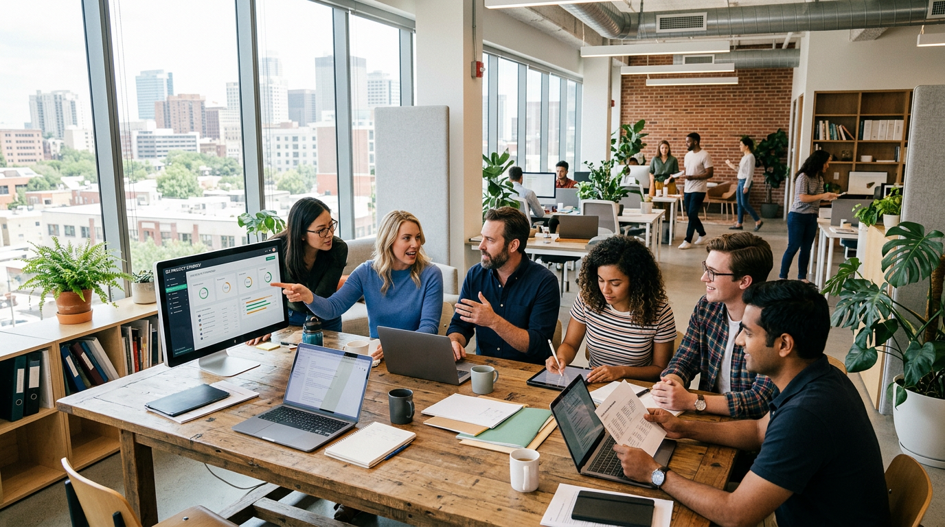 Team of six colleagues discussing data displayed on a monitor and laptops in an office