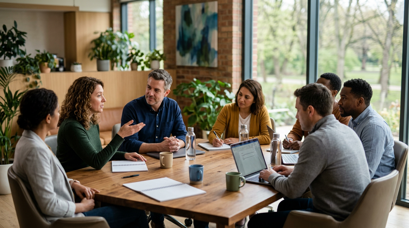 Seven professionals sitting around a wooden table discussing with laptops, notebooks, and water bottles
