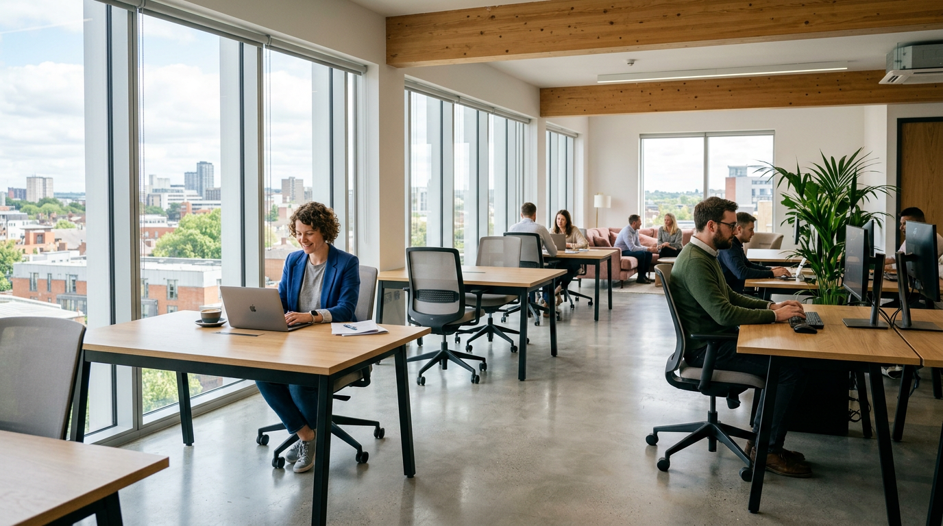 People working individually and in groups in a modern open office with large windows and city views