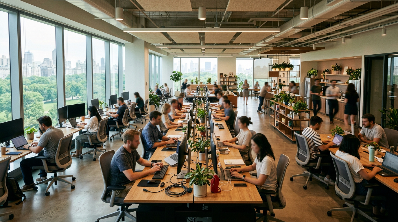 Open-plan office with rows of desks and people working on computers