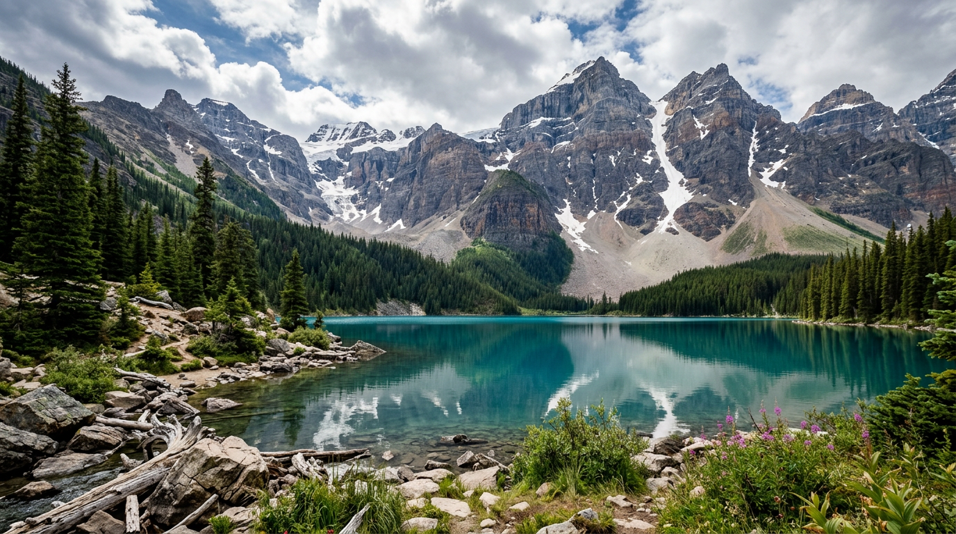 Turquoise alpine lake reflecting snow-capped mountains and pine forest
