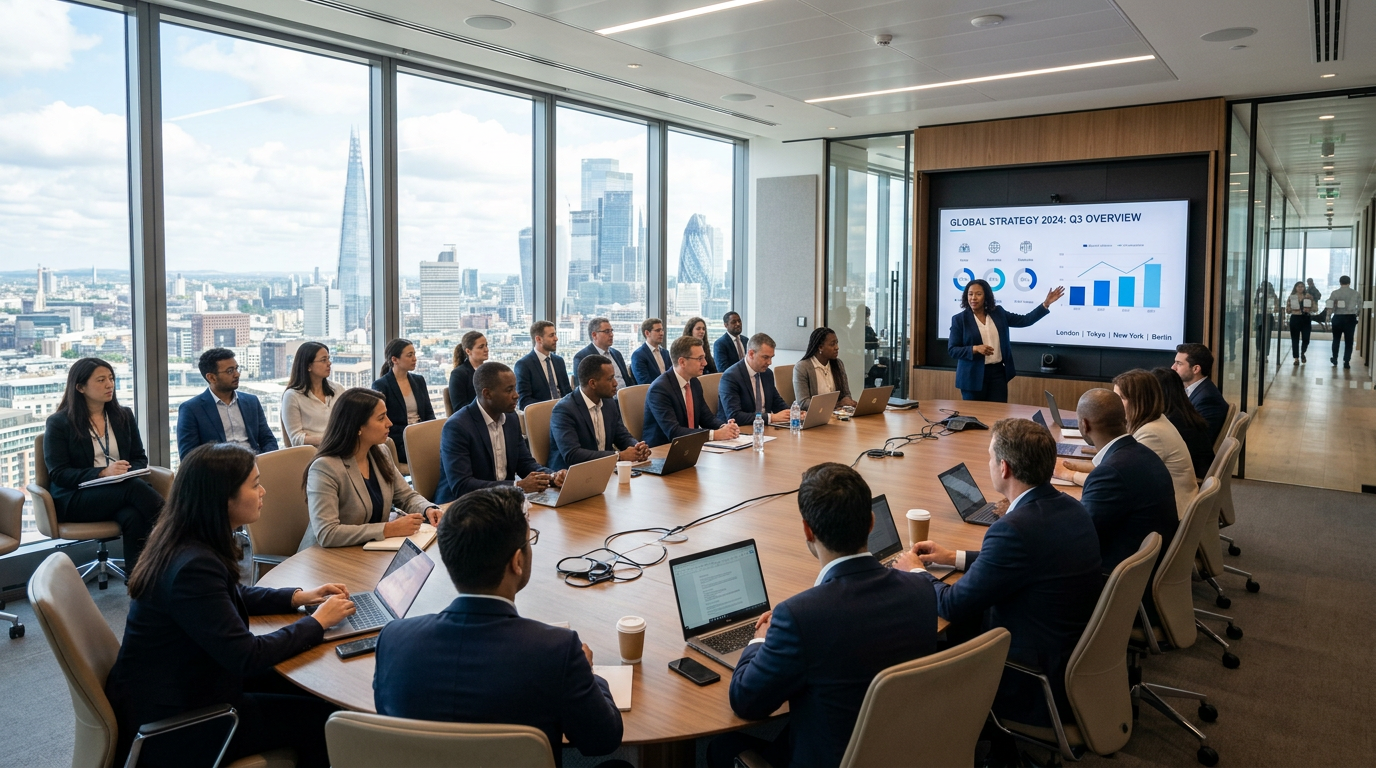 Business meeting with a presenter discussing global strategy on a screen
