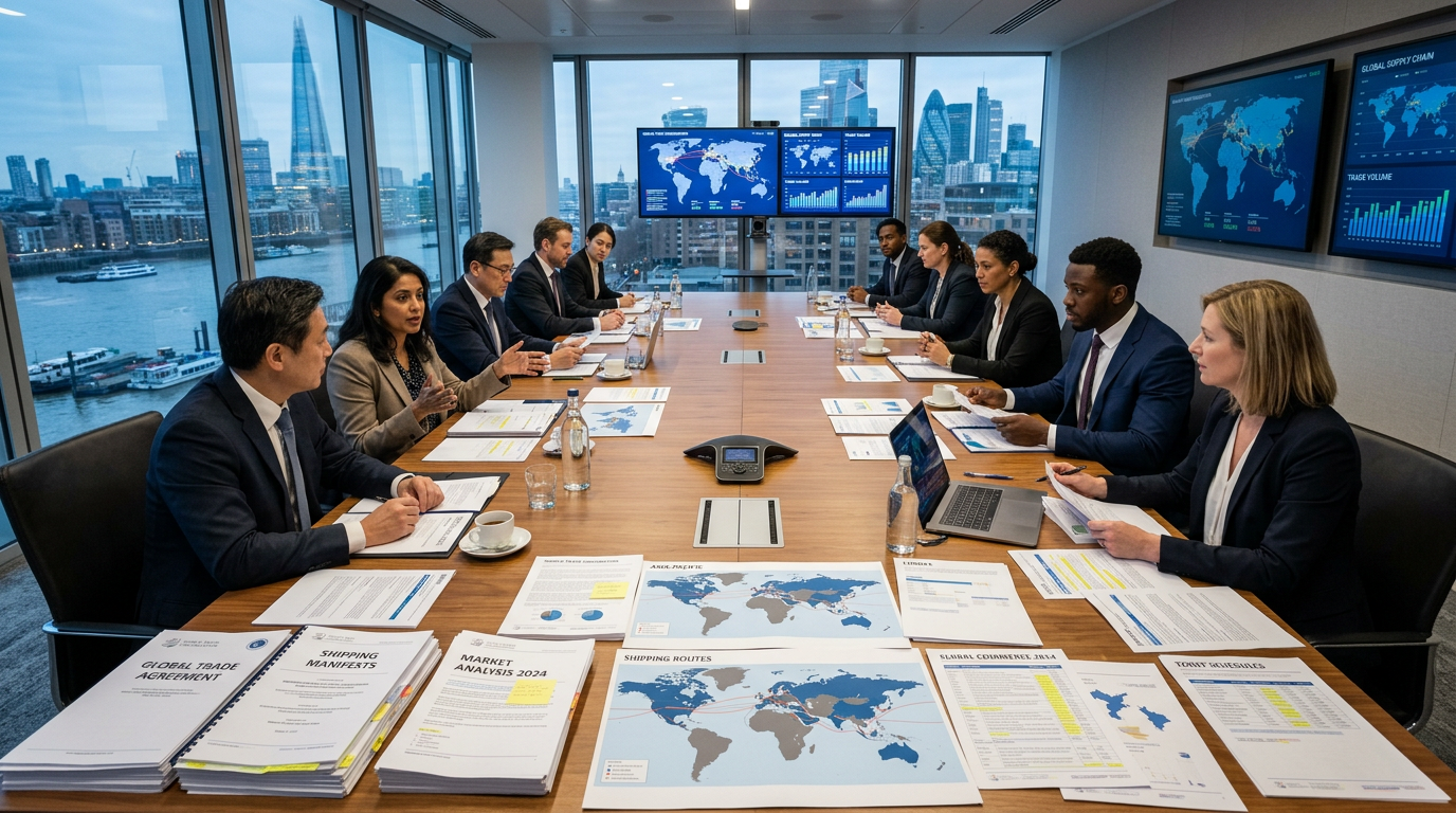 Business meeting with diverse team discussing global trade and shipping documents