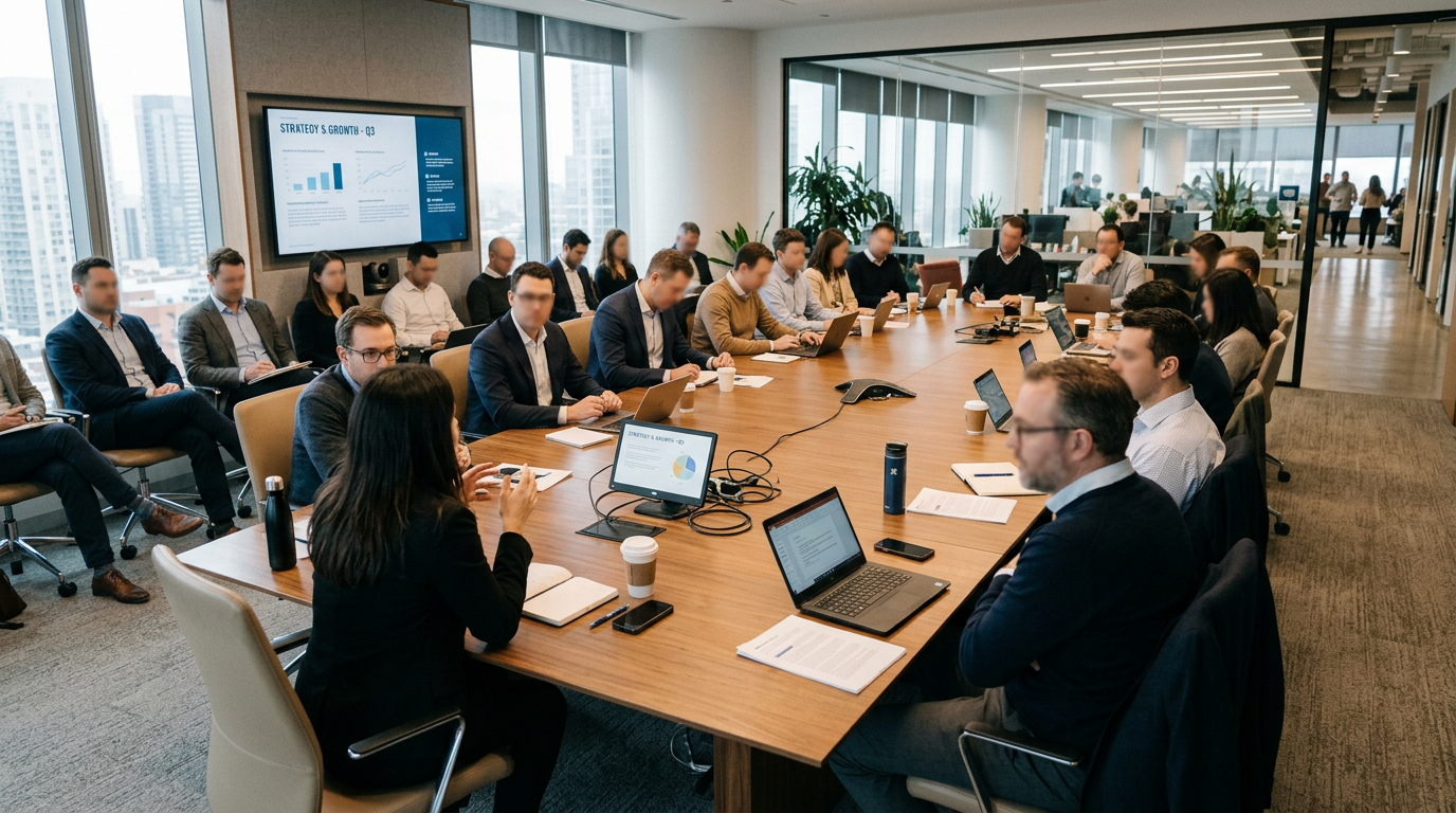 Team of professionals in business attire around a conference table with laptops and presentation screen