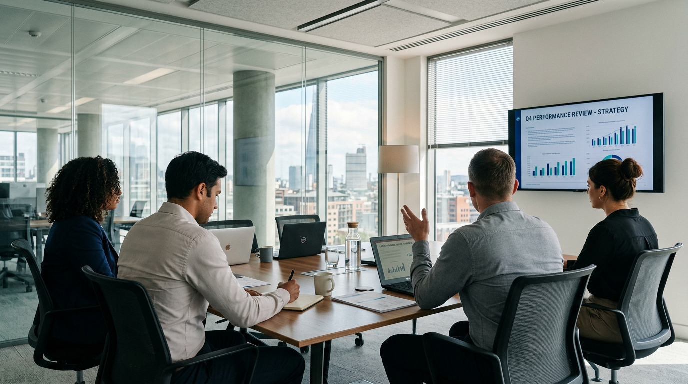 Four professionals seated around a meeting table with laptops and notes reviewing Q4 strategy charts on a screen