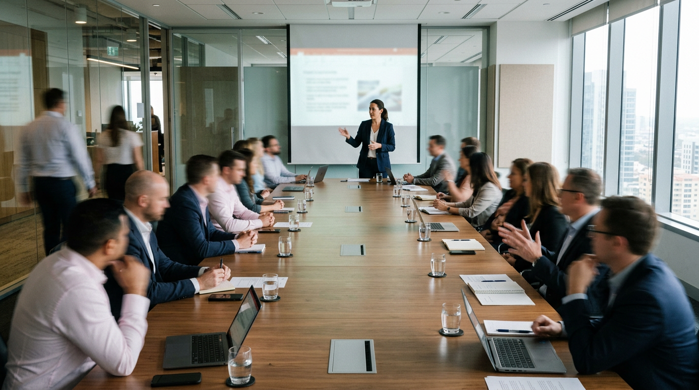 Businesswoman presenting to colleagues around a large conference table with laptops and notes