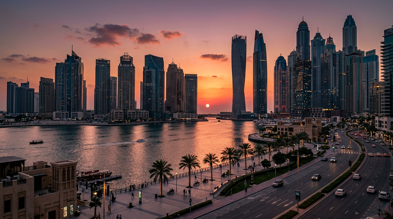 Sunset over Dubai Marina with high-rise buildings, waterfront promenade, and traffic