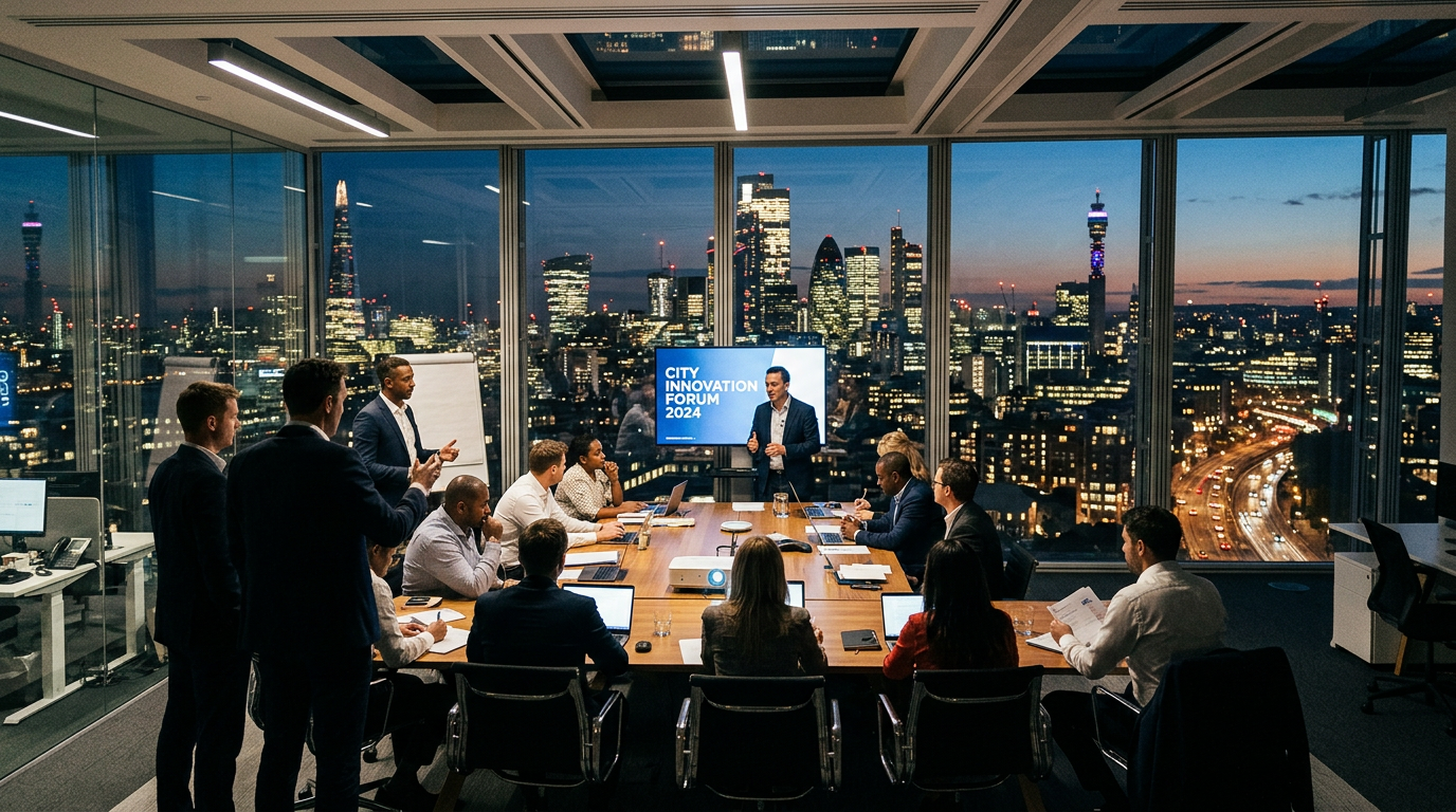 Business meeting in modern office with City Innovation Forum 2024 presentation and city skyline at night