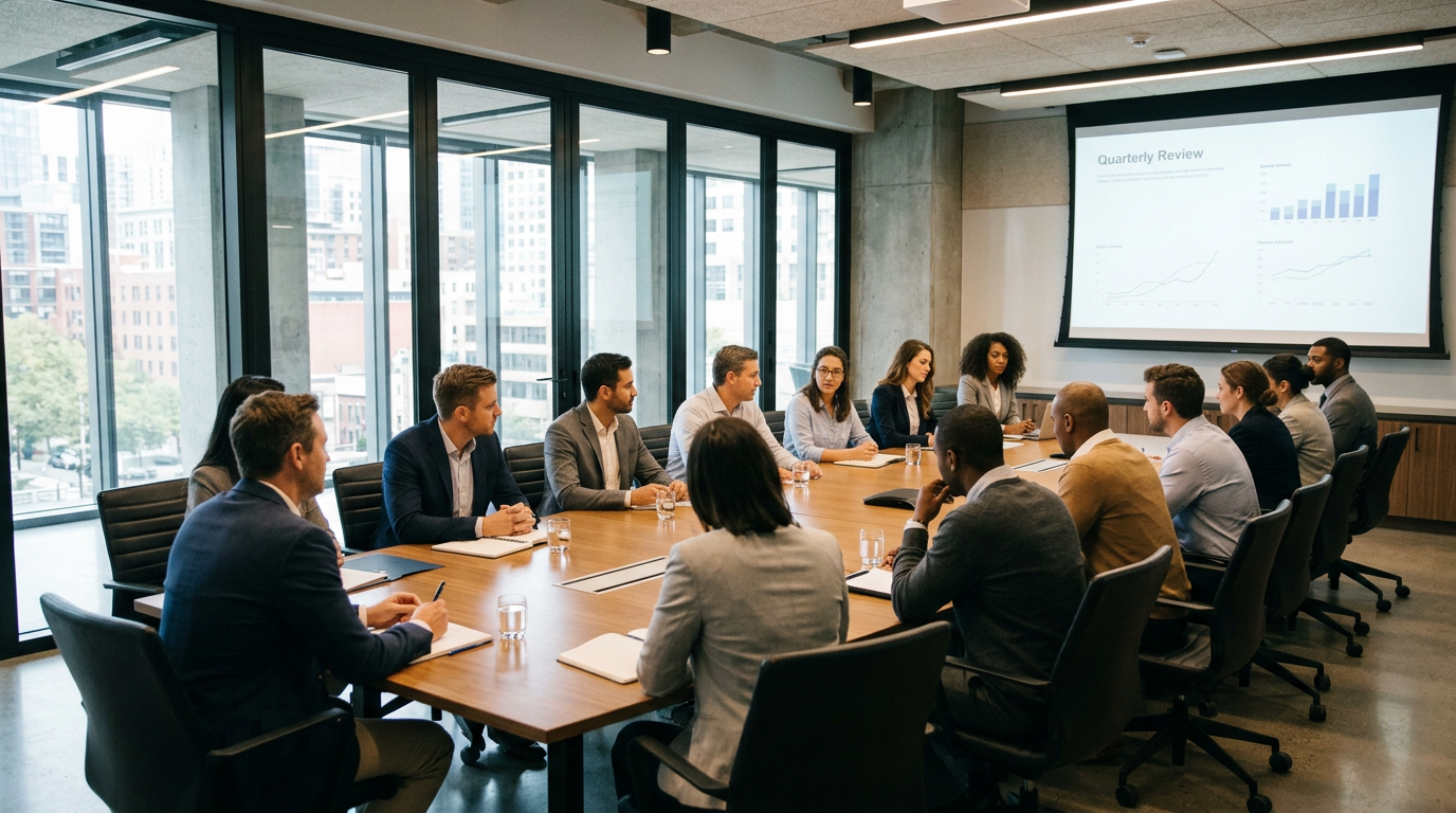 Business professionals seated around a conference table reviewing quarterly graphs on a screen