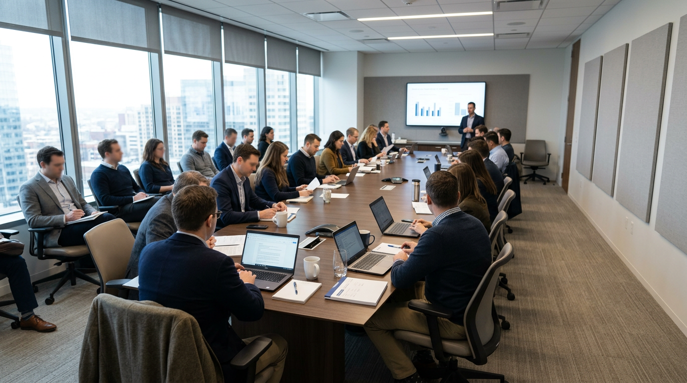 A business meeting with people seated around a long table with laptops and notes, while a presenter stands by a screen displaying graphs
