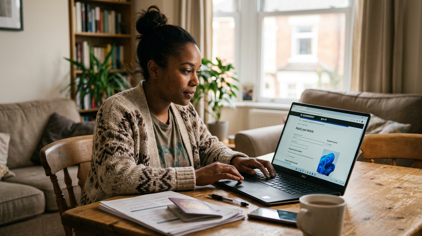 Woman using laptop to complete an online application at home