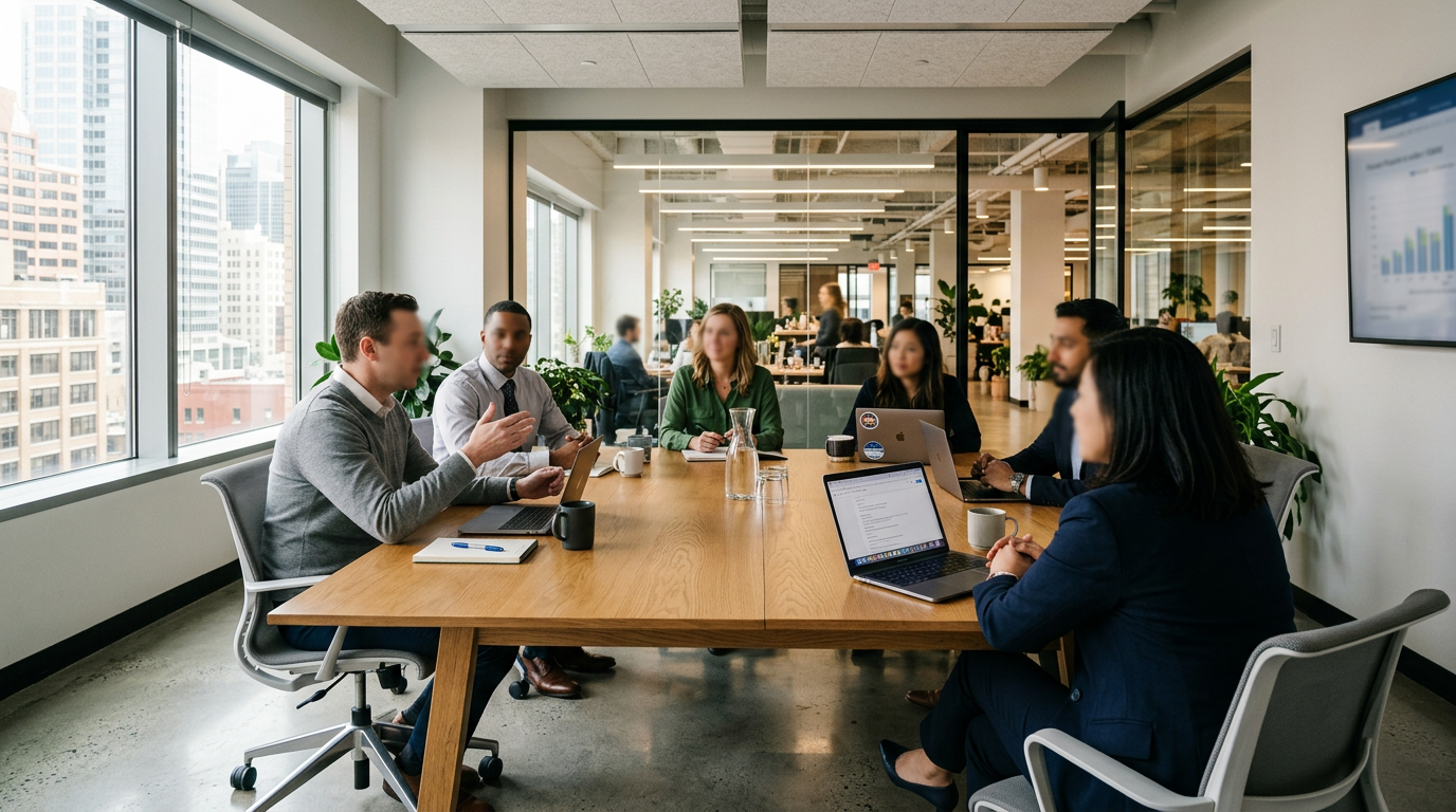 Six professionals sitting around a conference table in a modern office, three with laptops open, one person speaking