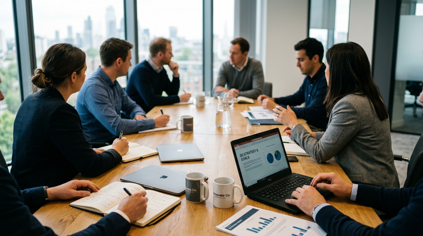 Several professionals around a conference table with laptops, notebooks, and charts