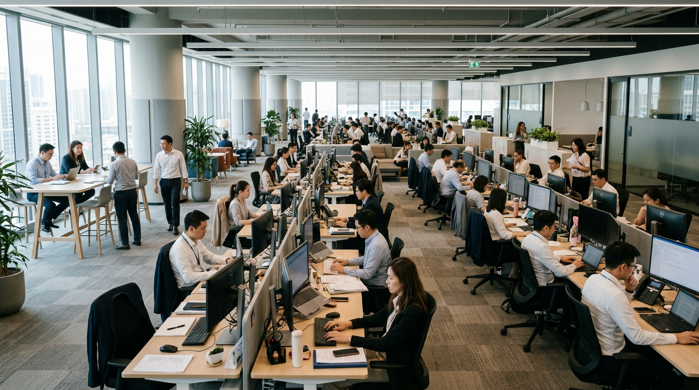 Open-plan office with rows of employees working at computers and some collaborating