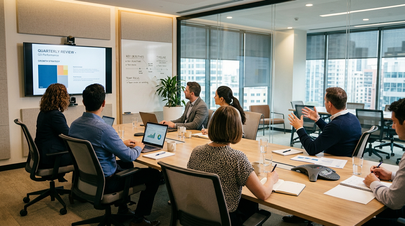 Six professionals at a conference table engaged in a quarterly review meeting with presentation on screen