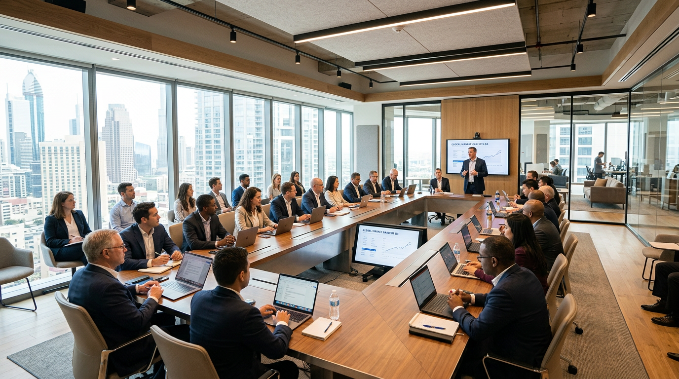 Business team seated around a large conference table with laptops, listening to a presenter