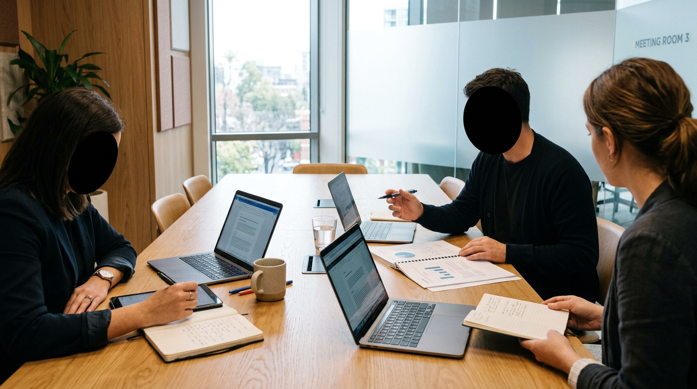 Three people having a work meeting with laptops, notebooks, and documents