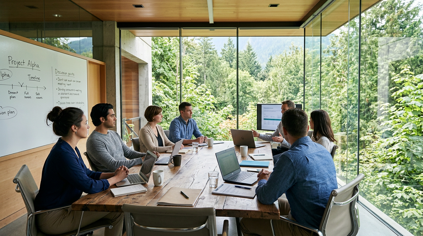 Seven people in a modern conference room with laptops, discussing project plans near large windows overlooking trees