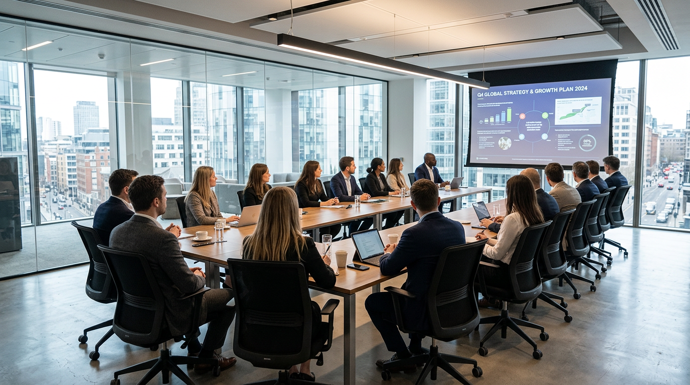 Business professionals attending a meeting watching a presentation titled 'Q4 Global Strategy & Growth Plan 2024'
