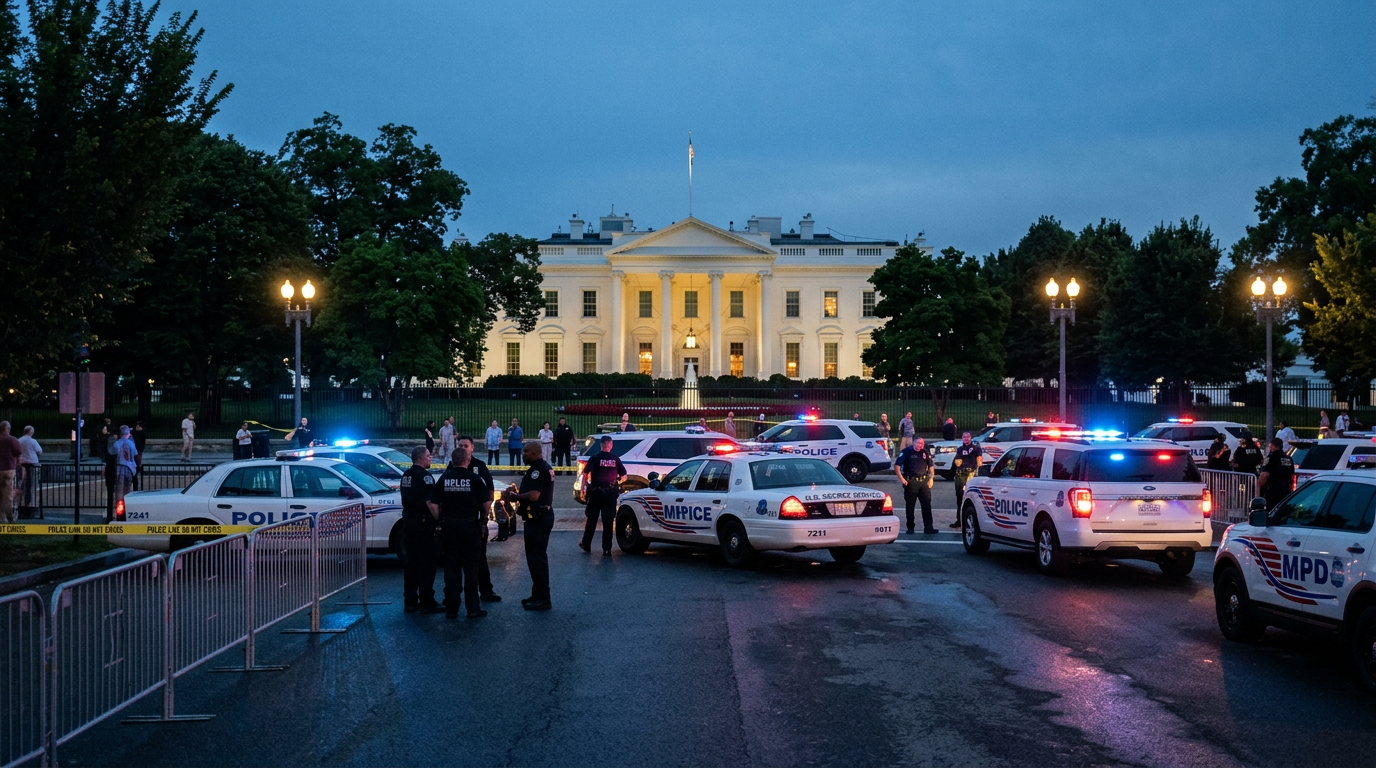 Police cars and officers securing the area in front of the White House at dusk with flashing red and blue lights