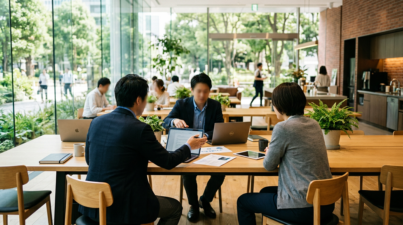 Three professionals seated at a table with laptops and documents in a modern office