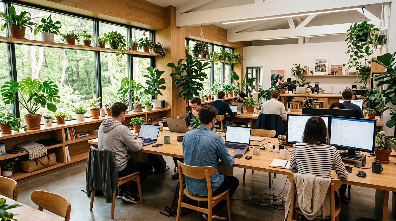 Open office with several people working on laptops and monitors surrounded by numerous potted plants