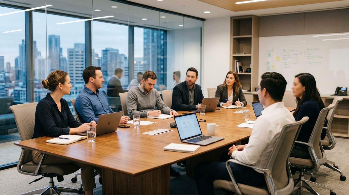 Seven professionals around conference table in modern office during meeting