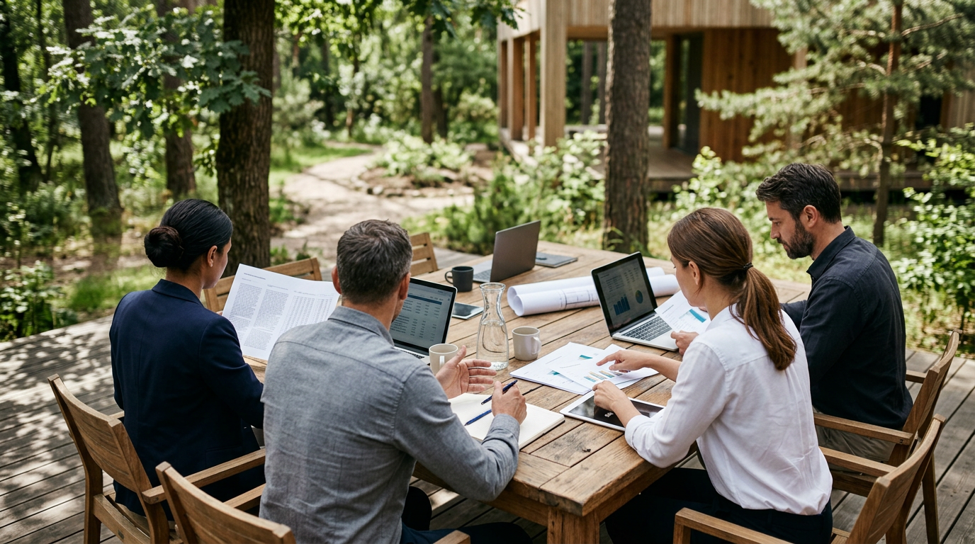 Four professionals reviewing documents and laptops at wooden table outside in forest