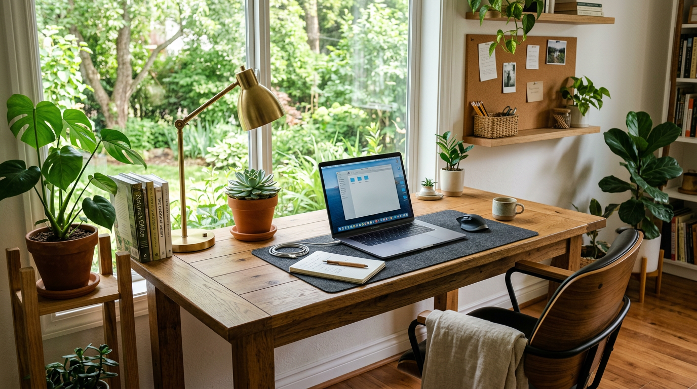 Wooden desk with laptop, plants, books, and a lamp in a bright room by a window