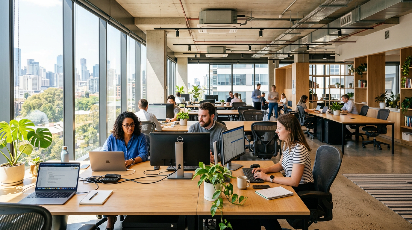 Open-plan office with people working at desks by large windows