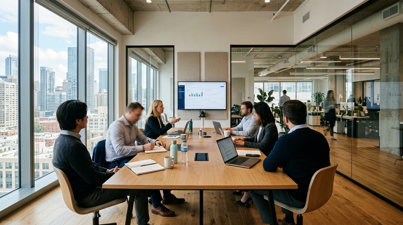 Business professionals in a conference room discussing data shown on a monitor