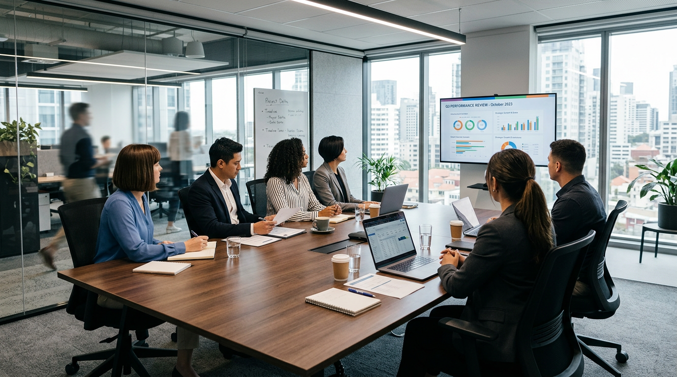 Six business professionals in a meeting room viewing Q3 performance charts on a screen