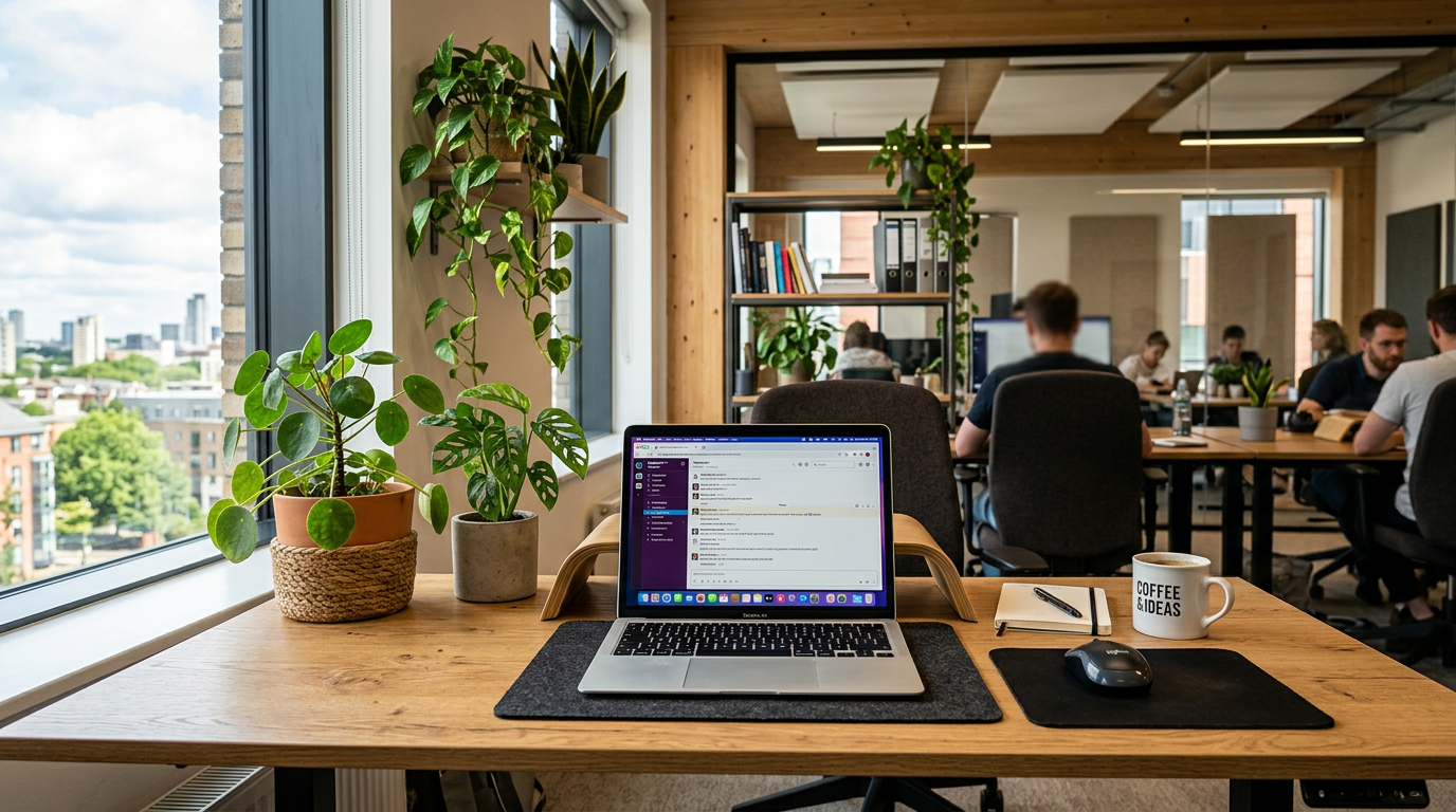 Laptop open on a wooden desk with plants and people working in the background