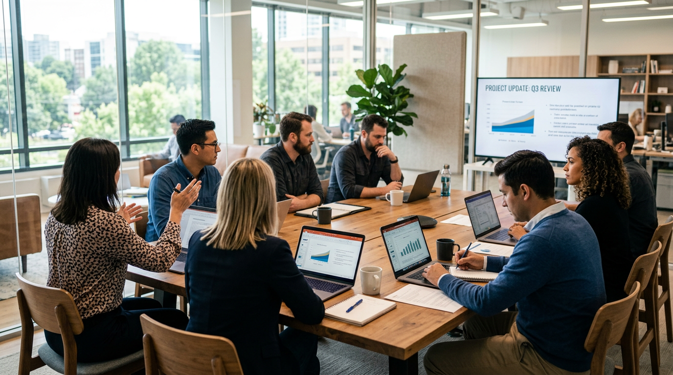 Business team having a meeting around a table with laptops and a presentation screen
