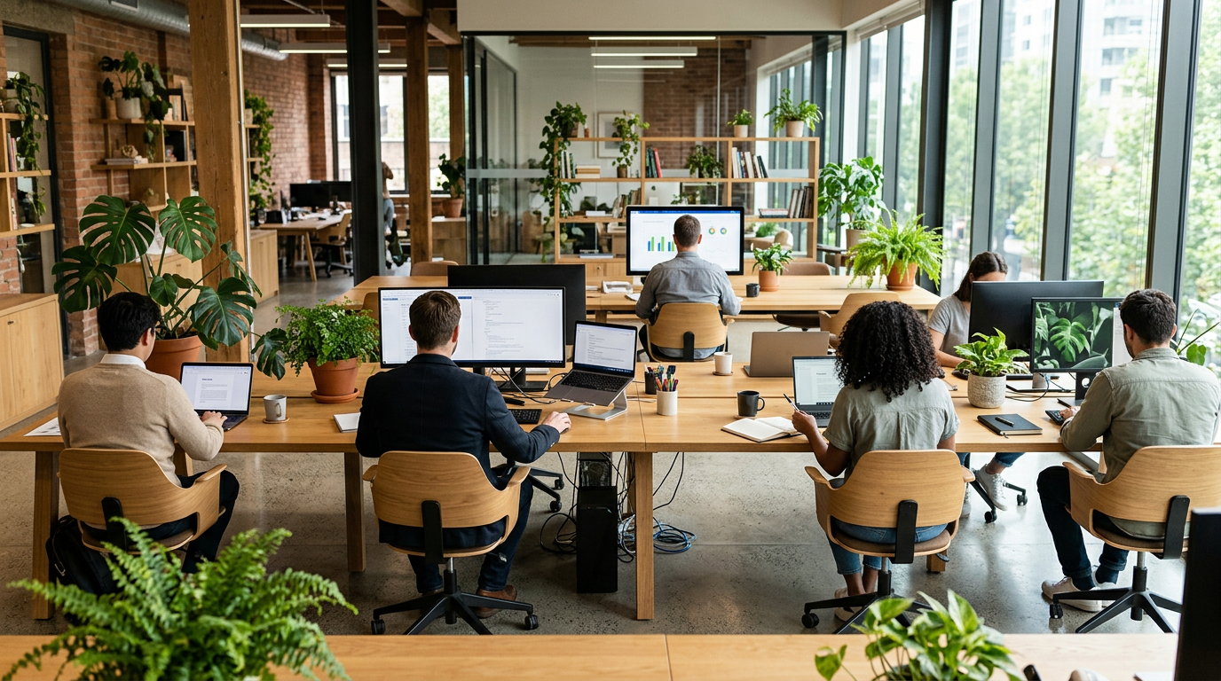 Employees working at desks with computers in an open, bright office filled with plants