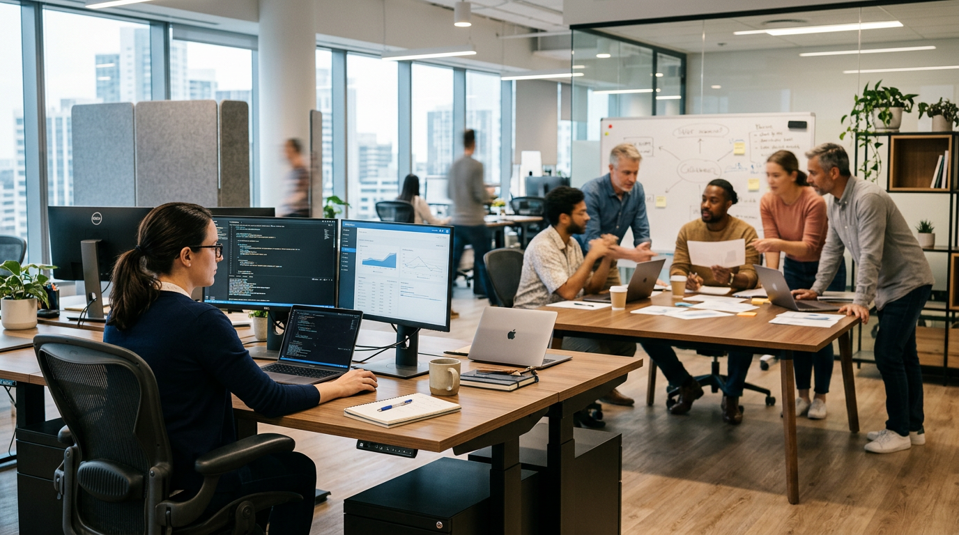 Tech team discussing documents around a table in a modern office with a woman coding at her desk