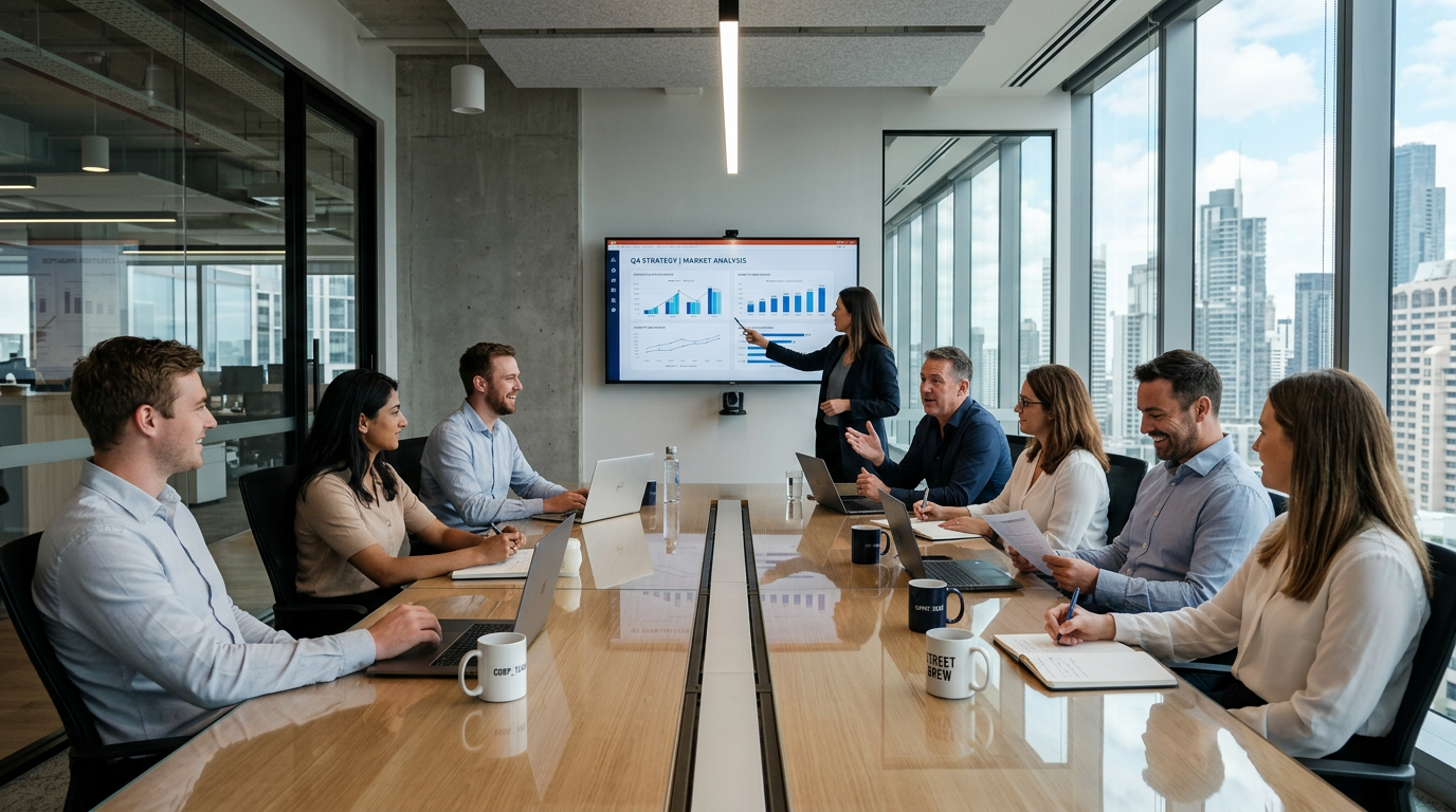 Business team in meeting room viewing a presentation on market analysis